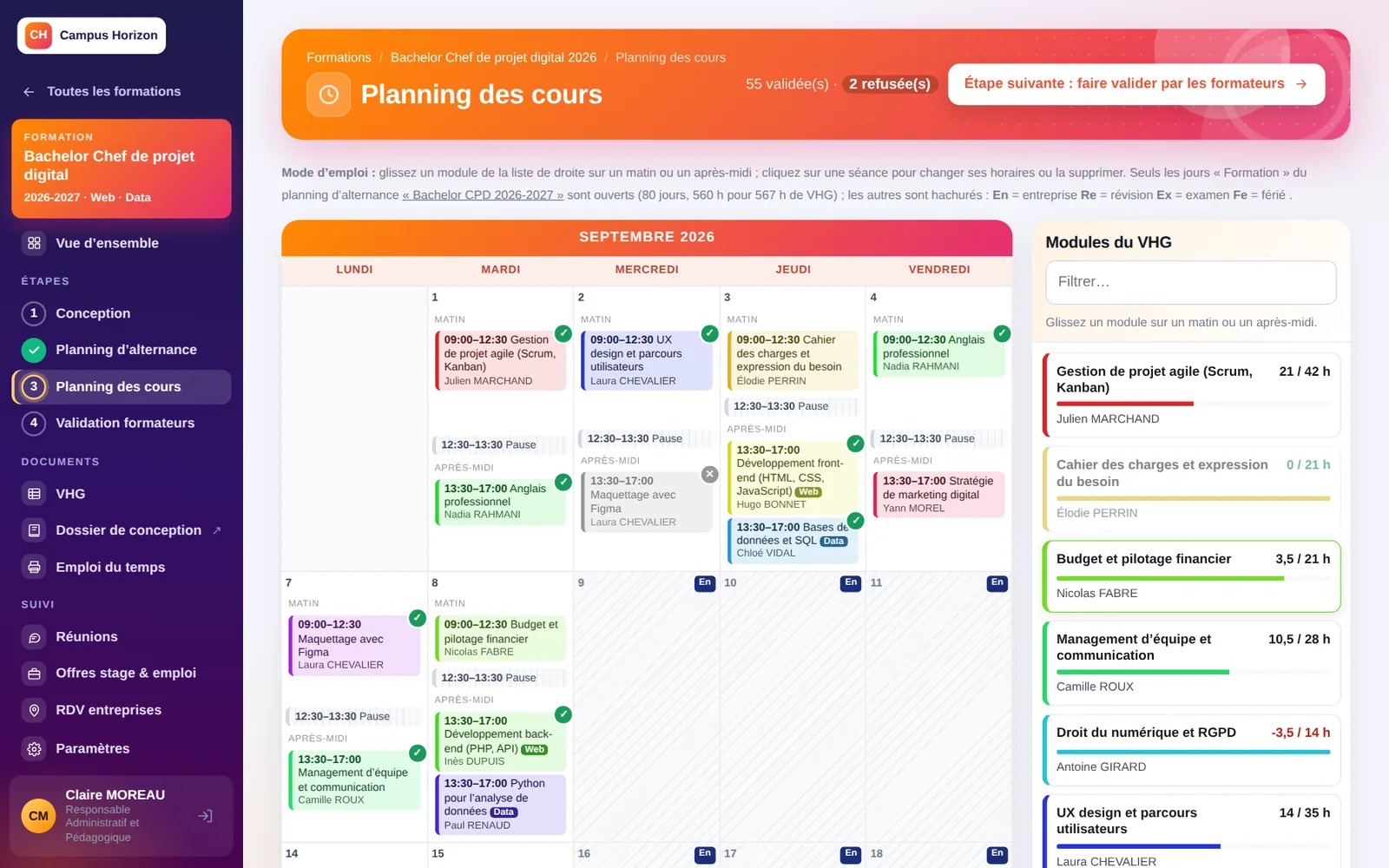 Planning des cours en glisser-déposer