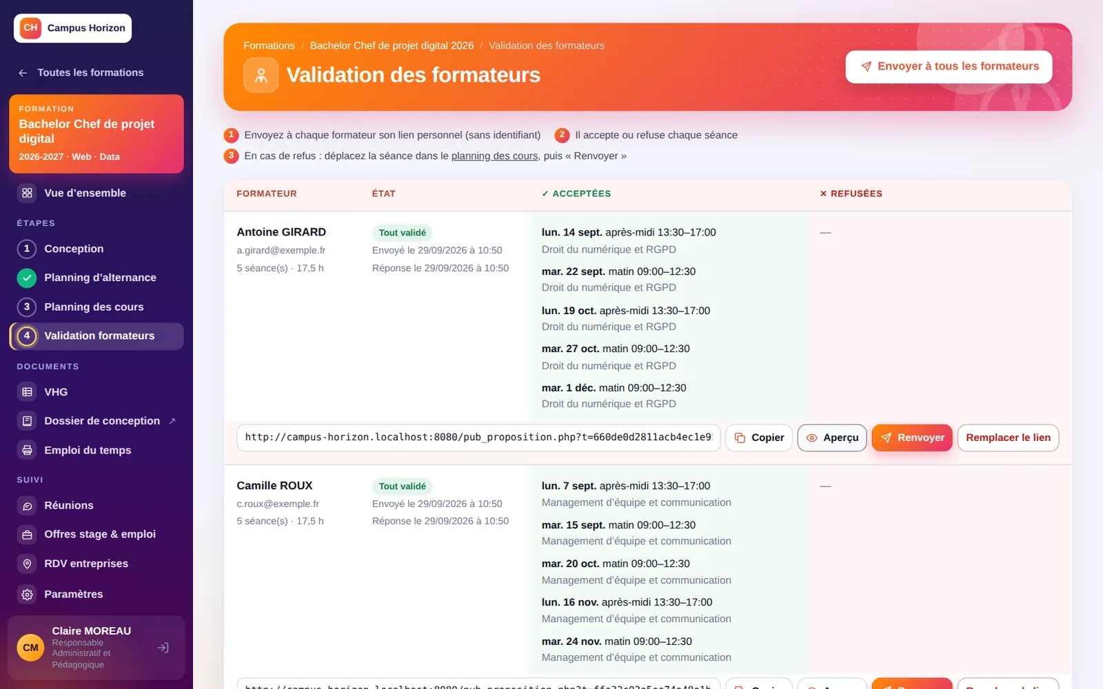Le suivi des réponses des formateurs.